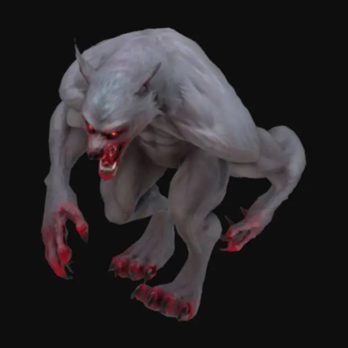 3D model for A werewolf, covered in fur, his teeth huge and sharp and covered in red paint