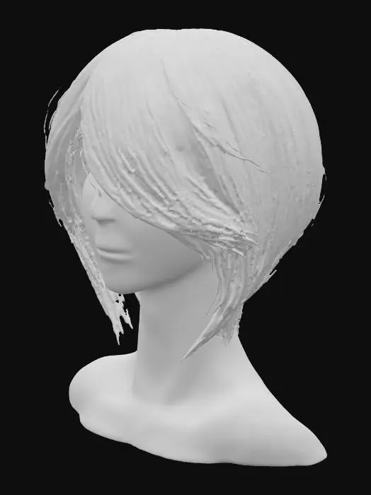 3D model for wighead with wig 
wig head abstract in light off white.
wig in brown colored hair (indian hair). female hair cut.
