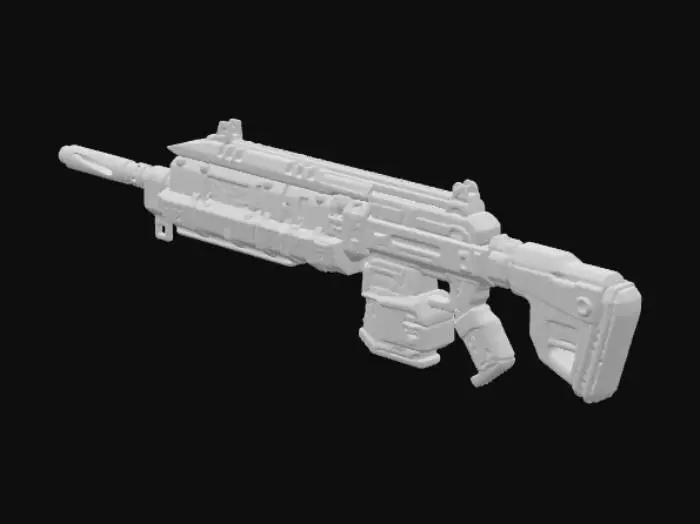 3D model for A highly detailed, realistic 3D render of a futuristic assault rifle. The weapon is called the 'Man-O-War' from the video game Call of Duty: Black Ops III. It features a bulky, boxy, and aggressive design with a matte black and dark gray metallic finish. The surface of the weapon is covered in intricate paneling, rivets, vents, and a digital display screen on the side. There are subtle scuff marks and a used, battle-worn texture. The barrel is long and cylindrical, and the stock is thick and functional. The lighting is cinematic, with a soft, dramatic glow highlighting the weapon's form against a blurred, dark industrial or spaceship interior background. The perspective is a side-on, three-quarter view, showcasing the weapon in full