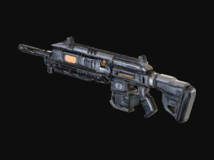 3D model for A highly detailed, realistic 3D render of a futuristic assault rifle. The weapon is called the 'Man-O-War' from the video game Call of Duty: Black Ops III. It features a bulky, boxy, and aggressive design with a matte black and dark gray metallic finish. The surface of the weapon is covered in intricate paneling, rivets, vents, and a digital display screen on the side. There are subtle scuff marks and a used, battle-worn texture. The barrel is long and cylindrical, and the stock is thick and functional. The lighting is cinematic, with a soft, dramatic glow highlighting the weapon's form against a blurred, dark industrial or spaceship interior background. The perspective is a side-on, three-quarter view, showcasing the weapon in full