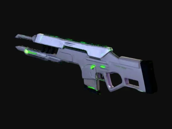 3D model for A futuristic railgun from "Murder Drones," designed in a sleek, angular style. The main body is a dark, matte purple, contrasted by a series of glowing neon green light panels along the side and foregrip. The lights emit a bright, otherworldly luminescence. The weapon has a long barrel and a stylized stock, with a distinct, minimalist design. The image should have a sharp focus on the weapon, with a black or dark, undefined background to make the colors stand out.