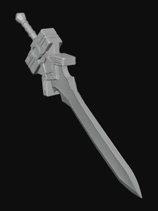 3D model for A vibrant and stylized fantasy sword with a clear futuristic, almost digital aesthetic. The dominant colors are bright gold and orange, with subtle white accents and a glowing magenta-purple core in the crossguard. The blade itself is a gleaming, solid gold-orange, and the hilt and crossguard are intricately designed with circuit board patterns, glowing lines, and metallic textures. The overall appearance is clean, sharp, and highly rendered, reminiscent of a video game or anime weapon. The pommel is a geometric, hexagonal shape.