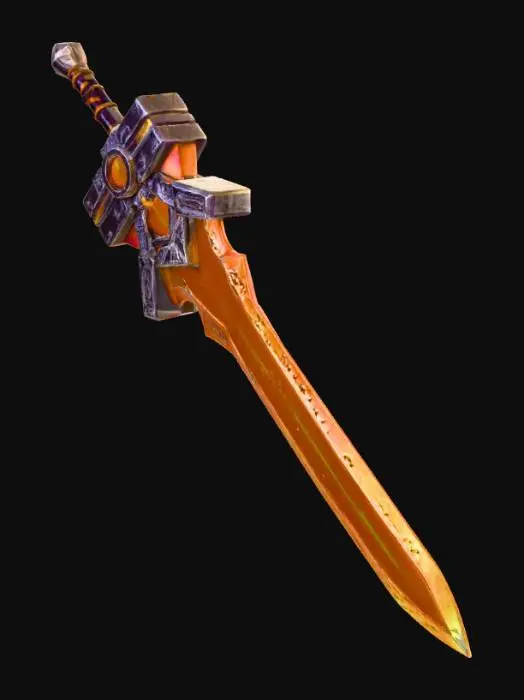 3D model for A vibrant and stylized fantasy sword with a clear futuristic, almost digital aesthetic. The dominant colors are bright gold and orange, with subtle white accents and a glowing magenta-purple core in the crossguard. The blade itself is a gleaming, solid gold-orange, and the hilt and crossguard are intricately designed with circuit board patterns, glowing lines, and metallic textures. The overall appearance is clean, sharp, and highly rendered, reminiscent of a video game or anime weapon. The pommel is a geometric, hexagonal shape.