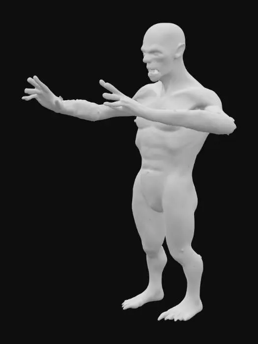 3D model for A humanoid zombie stands rigidly in a T-pose or A-pose, its form clearly retaining realistic human proportions. Its skin, while recognizably human in shape, appears deeply infected: a pallid, sickly greyish hue with subtle mottling and a faintly leathery, decaying texture. Visible veins spider beneath the surface, hinting at internal corruption. The hands are distinctly visible, mirroring the same discolored, infected human-like skin, with individual fingers clearly defined yet showing subtle signs of rot.