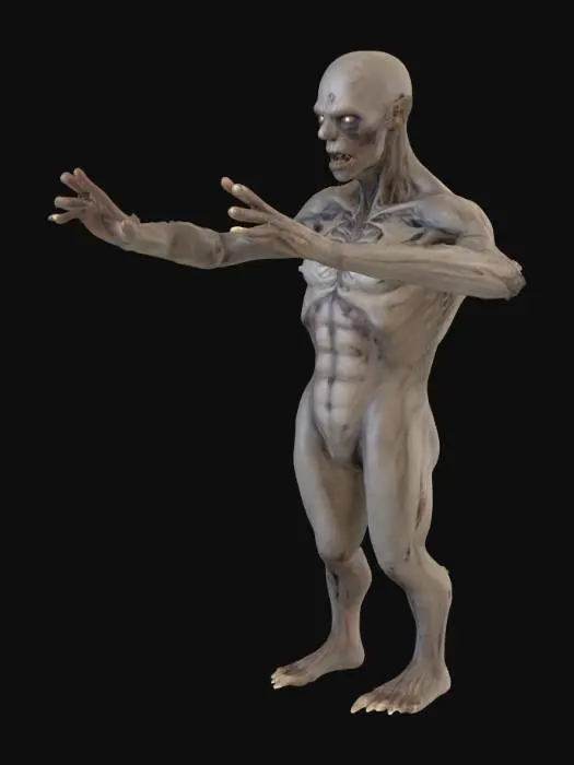 3D model for A humanoid zombie stands rigidly in a T-pose or A-pose, its form clearly retaining realistic human proportions. Its skin, while recognizably human in shape, appears deeply infected: a pallid, sickly greyish hue with subtle mottling and a faintly leathery, decaying texture. Visible veins spider beneath the surface, hinting at internal corruption. The hands are distinctly visible, mirroring the same discolored, infected human-like skin, with individual fingers clearly defined yet showing subtle signs of rot.