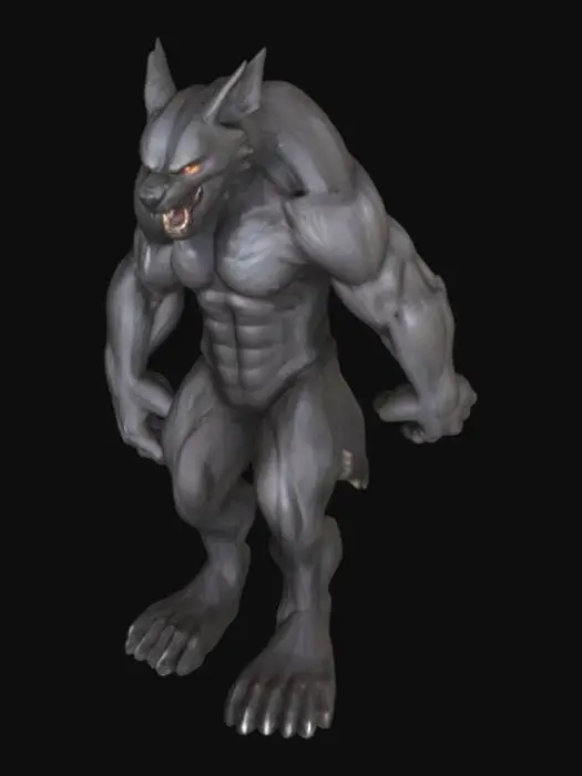 3D model for Criatura licántropa antropomorfa musculosa en postura de ataque, debe adaptarse a pose T: cabeza lupina con hocico alargado, orejas puntiagudas erguidas, ojos brillantes y mirada fiera, pelaje denso oscuro con zonas claras, torso ancho y robusto, brazos largos y fuertes terminados en garras grandes, manos humanas con garras, piernas digitígradas con muslos voluminosos y pies similares a los de lobo, cola peluda, piel visible en brazos y torso, expresión agresiva, mandíbula abierta mostrando colmillos; transformar a pose T con brazos rectos a los lados y piernas separadas para rigging 3D.