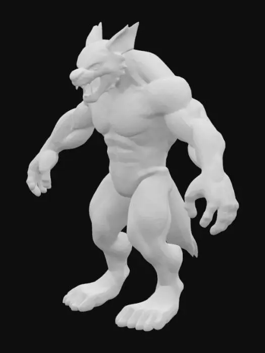 3D model for Criatura licántropa antropomorfa musculosa en postura de ataque, debe adaptarse a pose T: cabeza lupina con hocico alargado, orejas puntiagudas erguidas, ojos brillantes y mirada fiera, pelaje denso oscuro con zonas claras, torso ancho y robusto, brazos largos y fuertes terminados en garras grandes, manos humanas con garras, piernas digitígradas con muslos voluminosos y pies similares a los de lobo, cola peluda, piel visible en brazos y torso, expresión agresiva, mandíbula abierta mostrando colmillos; transformar a pose T con brazos rectos a los lados y piernas separadas para rigging 3D.