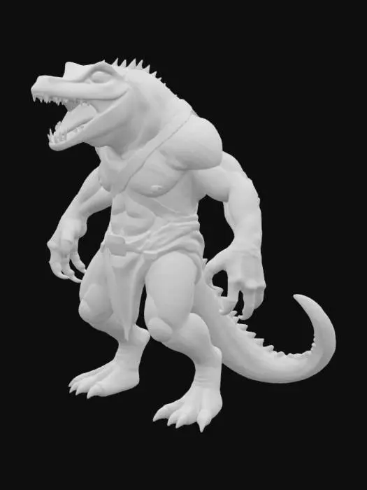 3D model for Criatura reptiliana bípedo musculoso con cabeza de cocodrilo, mandíbula abierta y colmillos expuestos, piel escamosa azul grisácea, ojos pequeños y agresivos, cuerpo ancho con brazos grandes y garras gruesas, lleva arneses cruzados y taparrabos, cola larga y robusta, piernas gruesas con pies de tres dedos terminados en garras; debe colocarse en pose T con brazos extendidos horizontalmente y piernas separadas rectas para agregar articulaciones y facilitar rigging 3D; su postura transmite fuerza y agresividad, ideal para criaturas de combate o monstruos jugables.
