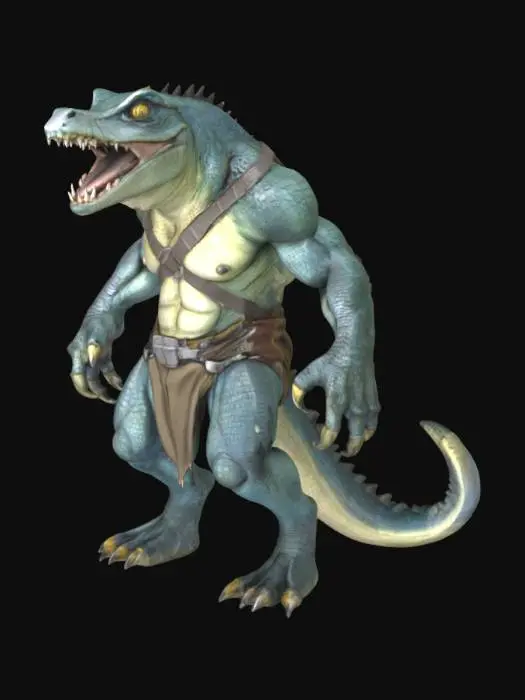 3D model for Criatura reptiliana bípedo musculoso con cabeza de cocodrilo, mandíbula abierta y colmillos expuestos, piel escamosa azul grisácea, ojos pequeños y agresivos, cuerpo ancho con brazos grandes y garras gruesas, lleva arneses cruzados y taparrabos, cola larga y robusta, piernas gruesas con pies de tres dedos terminados en garras; debe colocarse en pose T con brazos extendidos horizontalmente y piernas separadas rectas para agregar articulaciones y facilitar rigging 3D; su postura transmite fuerza y agresividad, ideal para criaturas de combate o monstruos jugables.