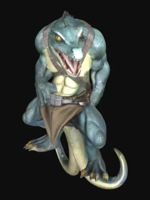 3D model for Criatura reptiliana bípedo musculoso con cabeza de cocodrilo, mandíbula abierta y colmillos expuestos, piel escamosa azul grisácea, ojos pequeños y agresivos, cuerpo ancho con brazos grandes y garras gruesas, lleva arneses cruzados y taparrabos, cola larga y robusta, piernas gruesas con pies de tres dedos terminados en garras; debe colocarse en pose T con brazos extendidos horizontalmente y piernas separadas rectas para agregar articulaciones y facilitar rigging 3D; su postura transmite fuerza y agresividad, ideal para criaturas de combate o monstruos jugables.
