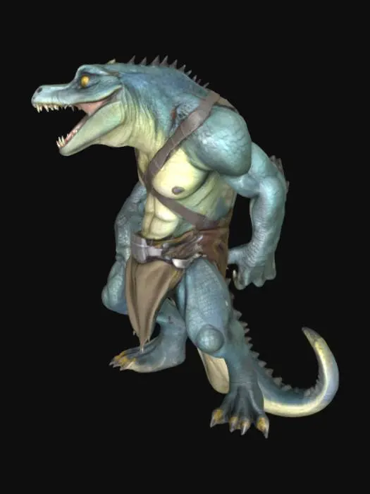 3D model for Criatura reptiliana bípedo musculoso con cabeza de cocodrilo, mandíbula abierta y colmillos expuestos, piel escamosa azul grisácea, ojos pequeños y agresivos, cuerpo ancho con brazos grandes y garras gruesas, lleva arneses cruzados y taparrabos, cola larga y robusta, piernas gruesas con pies de tres dedos terminados en garras; debe colocarse en pose T con brazos extendidos horizontalmente y piernas separadas rectas para agregar articulaciones y facilitar rigging 3D; su postura transmite fuerza y agresividad, ideal para criaturas de combate o monstruos jugables.