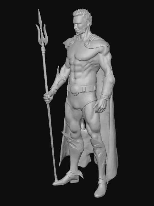 3D model for namor submariner figure in 1991 comic style of JAE LEE artist, he has small wings on each ankle, simple gold armour on forearms around his waist and lower leg only.  holding a sleek trident spear in his left hand