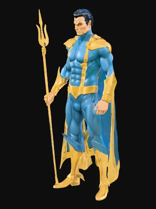 3D model for namor submariner figure in 1991 comic style of JAE LEE artist, he has small wings on each ankle, simple gold armour on forearms around his waist and lower leg only.  holding a sleek trident spear in his left hand