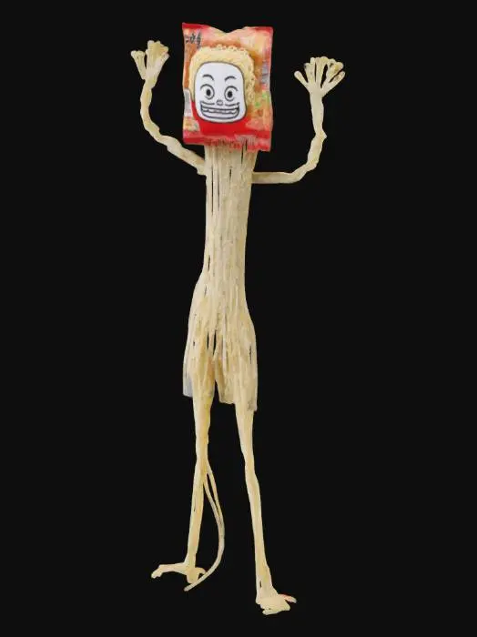 3D model for A man that consists of ramen noodles, all his limbs are noodles, his face is a ramen noodle packet with a cartoon face on the packaging. His arms are made of ramen noodles.
