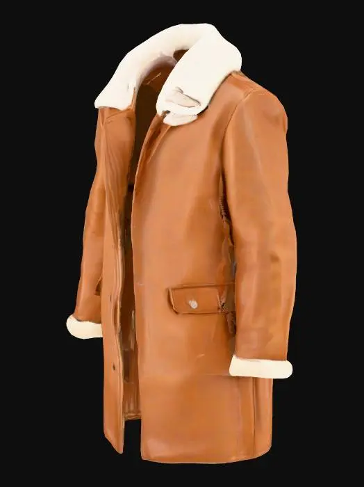 3D model for Highly realistic aviator's style coat, aviator jacket, high collar, long, open, light brown leather, white padded wool collar, creases, realistic, photograph
