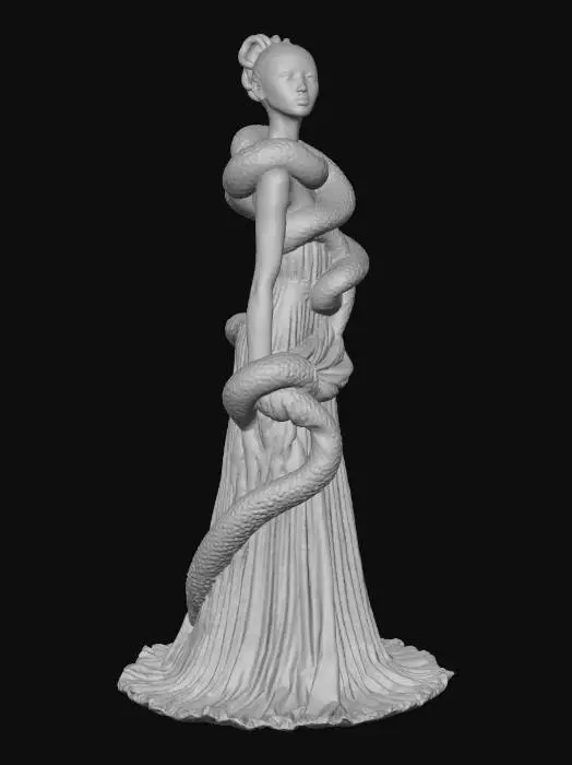3D model for Uma figura humanoide bípede com pele pálida e uma expressão austera. Seus cabelos são um emaranhado dinâmico de cobras vivas, cada uma com escamas detalhadas e olhos penetrantes, retorcendo-se constantemente. Ela veste um longo e fluido vestido de estilo grego, caracterizado por pregas suaves que caem elegantemente e delineiam uma silhueta clássica. A textura do tecido é leve e esvoaçante, contrastando com a superfície escamosa e sinuosa das serpentes.