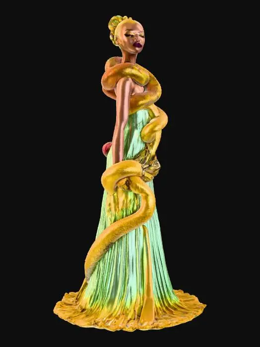 3D model for Uma figura humanoide bípede com pele pálida e uma expressão austera. Seus cabelos são um emaranhado dinâmico de cobras vivas, cada uma com escamas detalhadas e olhos penetrantes, retorcendo-se constantemente. Ela veste um longo e fluido vestido de estilo grego, caracterizado por pregas suaves que caem elegantemente e delineiam uma silhueta clássica. A textura do tecido é leve e esvoaçante, contrastando com a superfície escamosa e sinuosa das serpentes.