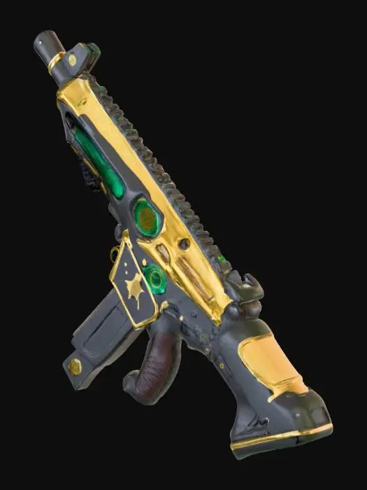 3D model for retro futuristic Mac 11 Submachine gun with Gold and emerald inlays