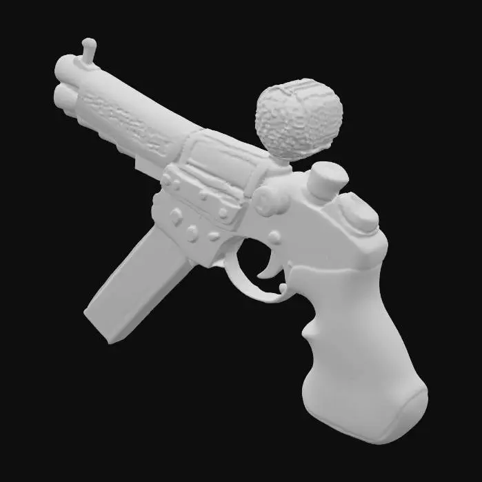 3D model for A streamlined retro-futuristic tommy gun, boasting a polished brass receiver with intricate, glowing green circuit patterns etched across its surface. The barrel is a smooth, darkened steel, partially encased by a perforated, chrome heat shield. It features a sleek, ergonomic grip made of glossy black Bakelite and a disc magazine with a transparent, amber-tinted window revealing internal energy cells.