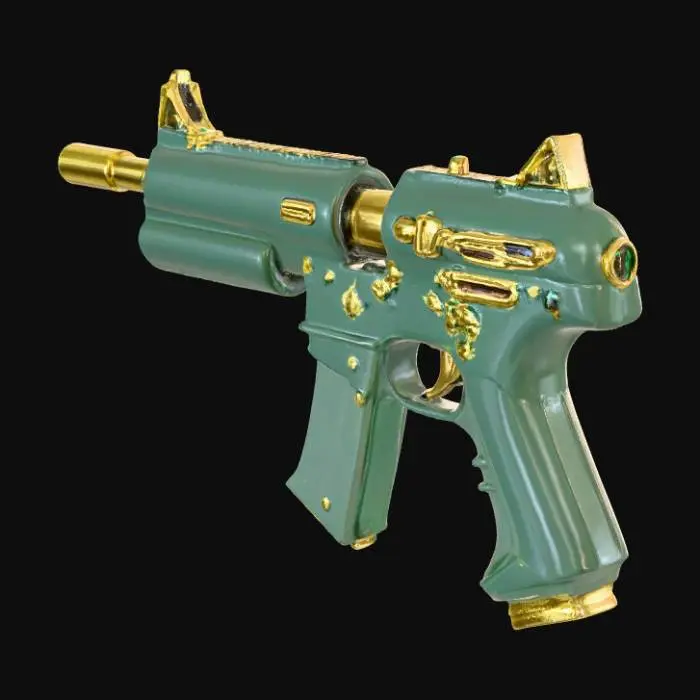 3D model for retro futuristic Mac 11 Submachine gun with Gold and emerald inlays