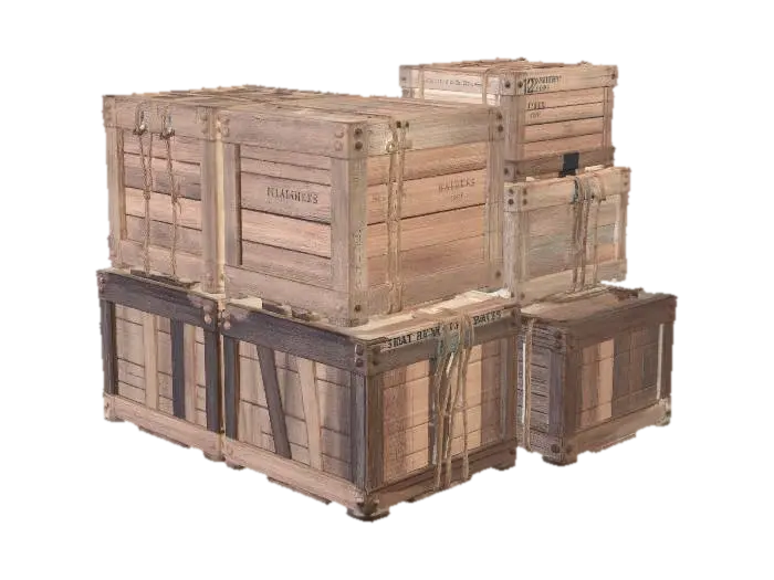 [High Detailed, PBR 3D Model Asset Pack] A pack of stacked weathered wooden crates of… - Fps 3D model, vytvořený pomocí AI