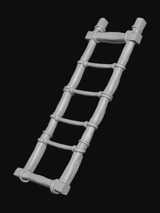 3D model for [High Detailed, PBR 3D Model] An ancient, distressed wooden ladder leaning against an adobe wall. Splintered, sun-bleached wood with worn rungs. Ropes and leather bindings. Optimized for FPS game parkour, realistic weathering, low poly geometry, clean topology.