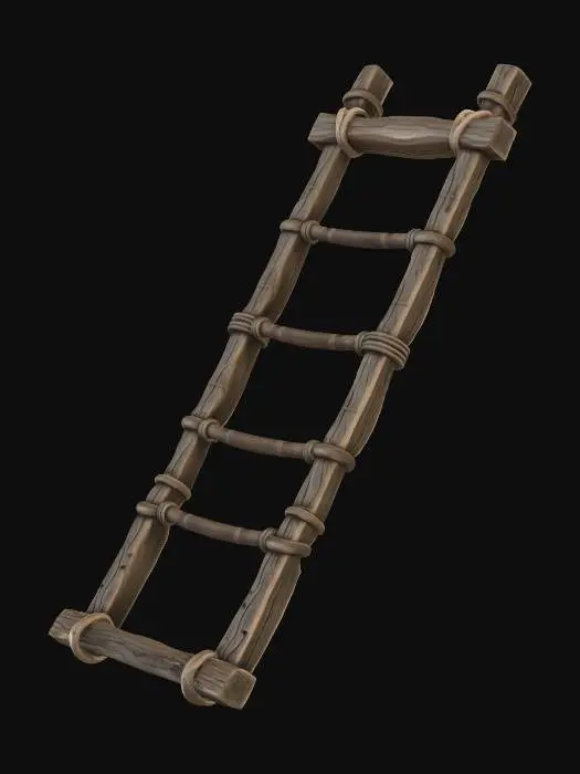 3D model for [High Detailed, PBR 3D Model] An ancient, distressed wooden ladder leaning against an adobe wall. Splintered, sun-bleached wood with worn rungs. Ropes and leather bindings. Optimized for FPS game parkour, realistic weathering, low poly geometry, clean topology.