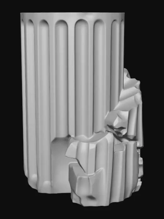 3D model for [High Detailed, PBR 3D Model Segment] A segment of a broken antique sandstone column. Weathered, eroded texture with fluted details. Partially cracked, some segments half-buried in sand. Matches surrounding ancient ruins. Optimized for FPS game cover, low poly.