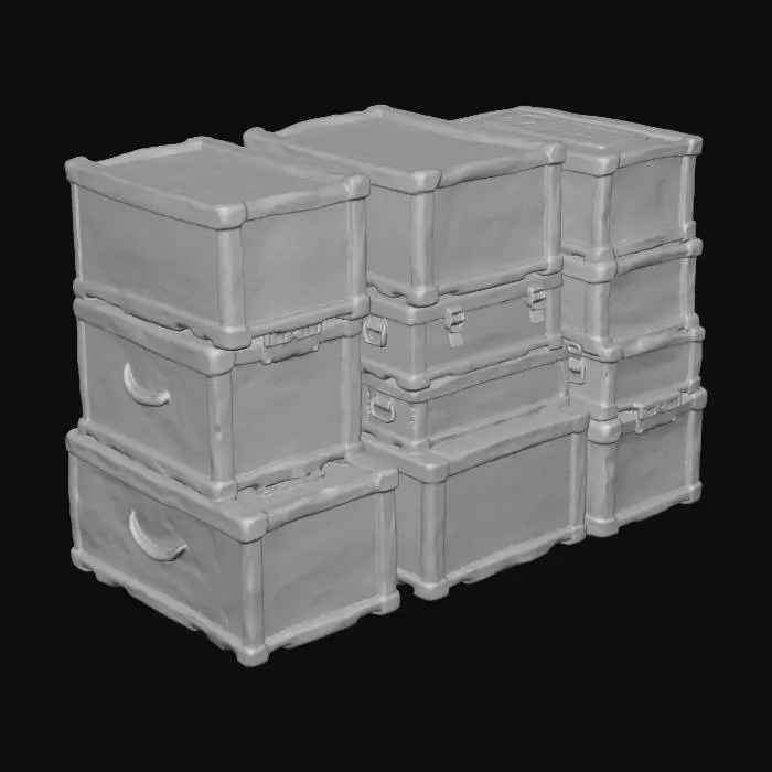 3D model for [High Detailed, PBR 3D Model Asset Pack] A pack of stacked weathered wooden crates of varying sizes. Aged, splintered wood with stenciled antique trade markings. Ropes tied around some crates, distressed metal latches. Optimized for FPS game cover, stackable, realistic weathering, low poly.