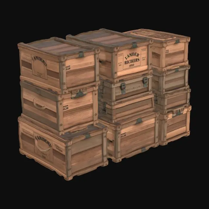 3D model for [High Detailed, PBR 3D Model Asset Pack] A pack of stacked weathered wooden crates of varying sizes. Aged, splintered wood with stenciled antique trade markings. Ropes tied around some crates, distressed metal latches. Optimized for FPS game cover, stackable, realistic weathering, low poly.