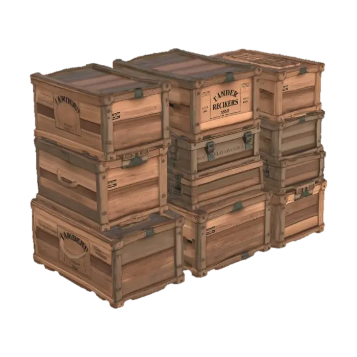 [High Detailed, PBR 3D Model Asset Pack] A pack of stacked weathered wooden crates of… - Fps 3D model, vytvořený pomocí AI