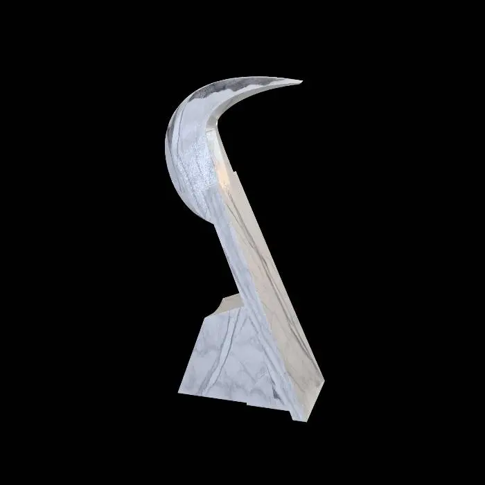 3D model for Architecture concept Large sacred architectural sculpture inspired by the axe and club of Saint Jude Thaddeus. Thick monolithic marble prism with a massive curved blade-like subtraction near the top and a heavy hammer-like lower volume. Brutalist sacred geometry, white matte marble, dramatic deep shadows, monumental crypt installation, symbolic weapon transformed into sacred architecture.