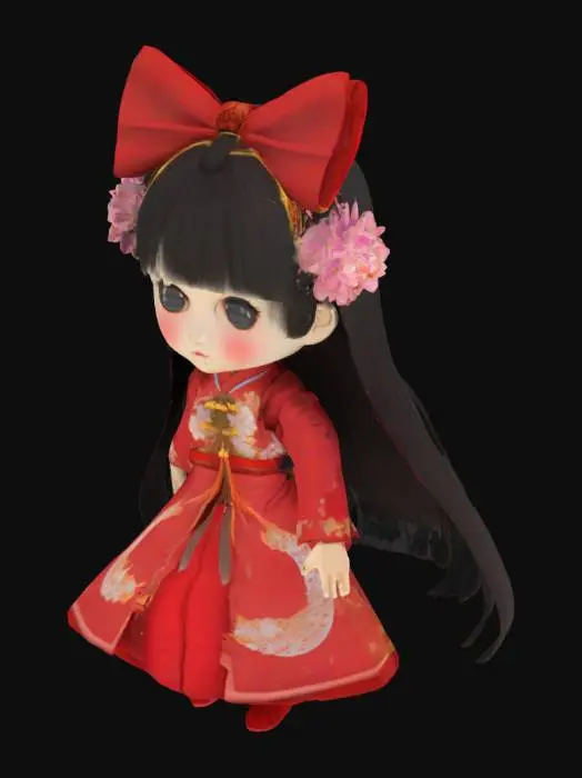 3D model for  T型姿势，双腿分开。一位身着华丽绛红色唐朝服饰、绣有金丝羽毛纹样的唐朝仙女，坐在满开樱花树下石桌边抚弄古筝，和服袖口与领口有褶皱白色花边，腰间系红腰带。披肩长发配斜平刘海及长刘海，背后系巨大红色蝴蝶结与超长飘带，随风舞动。头顶多朵超大粉色牡丹花，两边红金相间发钗头饰复杂精致，镶嵌流苏珠串。眼型细长如 BJD 娃娃，有晶莹剔透黑色玻璃眼珠，红色眼影，一边眼角下有红色花朵涂饰，嘟嘟唇，眼影和唇色浅淡如 BJD 男娃娃。背景虚化，采用浮世绘与 CG 渲染结合风格，广角全身镜头，有动态花瓣轨迹，丝绸质感渲染，黄昏暖色调，新古典主义美学。脸部细节参考BJD娃娃精细