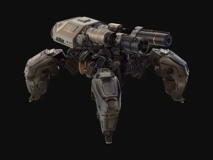 3D model for 3D printable sci-fi mechanical spider artillery construct, four thick mechanical legs, heavy armored body, large forward mounted energy cannon, alien skeletal mechanical design, ancient robotic war machine aesthetic, thick reinforced leg joints, hard surface mechanical armor, exaggerated miniature details, designed for tabletop miniature scale, resin printing friendly geometry, watertight manifold mesh, no thin cables, thick armor edges, exaggerated miniature sculpt details, designed for resin miniature printing, manifold watertight mesh, tabletop war miniature sculpt legs thick and planted on ground for stable printing