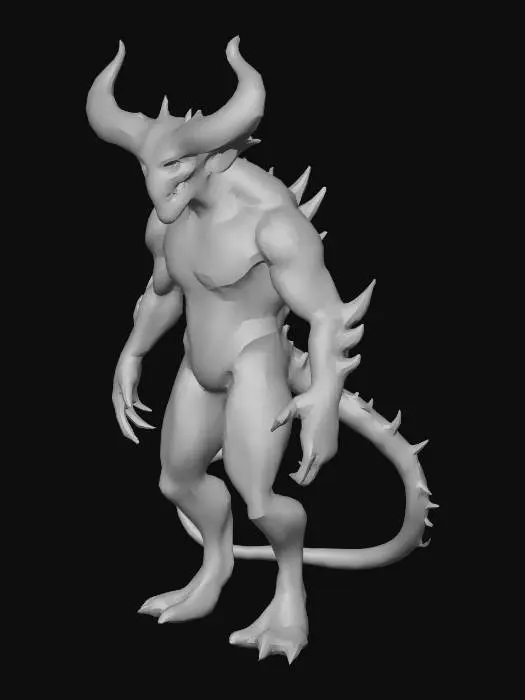 3D model for A mostly black with spots of orange and red demon. Have it have 1 tail. Dont make it too vibrant