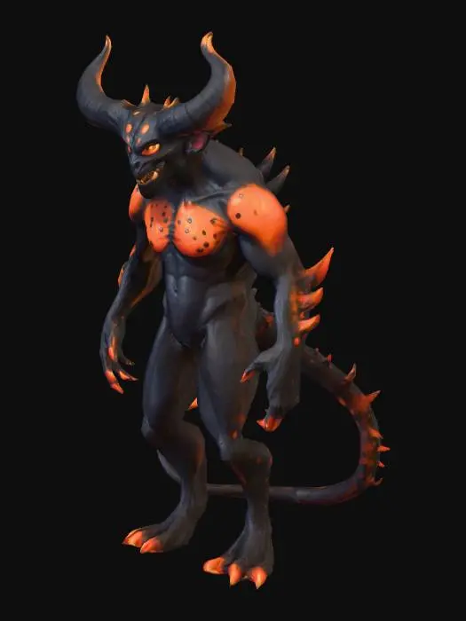 3D model for A mostly black with spots of orange and red demon. Have it have 1 tail. Dont make it too vibrant