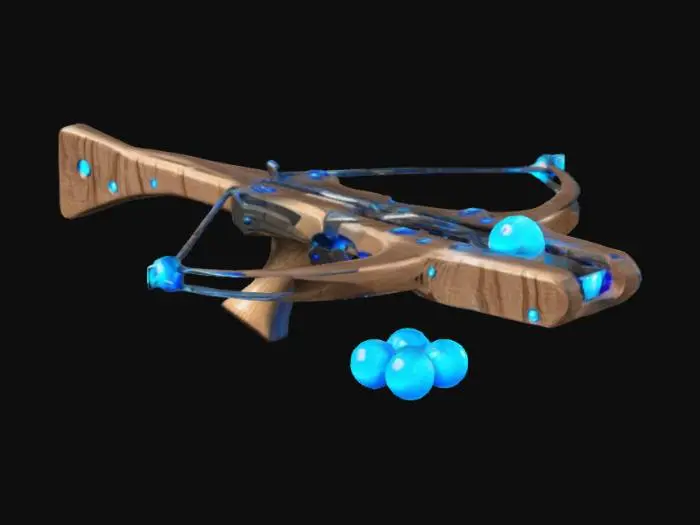3D model for A wooden slingshot with a futuristic glowing optic and blue high-tech orbs as ammo , #ChronoForgeWeapon#