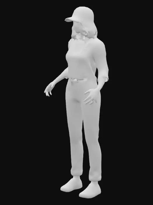3D model for A tall woman in late 20's dressed in jean overall, flannel shirt, red baseball cap, detailed realistic game character, arms and legs apart