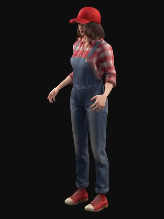 3D model for A tall woman in late 20's dressed in jean overall, flannel shirt, red baseball cap, detailed realistic game character, arms and legs apart