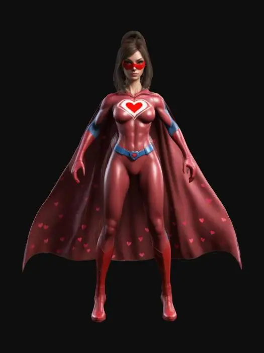 3D model for A tall superhero Woman with LOVE as symbol, Game Assets, Highly Detailed, Ultra Realistic, Body, A-pose, Full Body, ARMS AWAY FROM THE BODY , detailed, #valentine#
