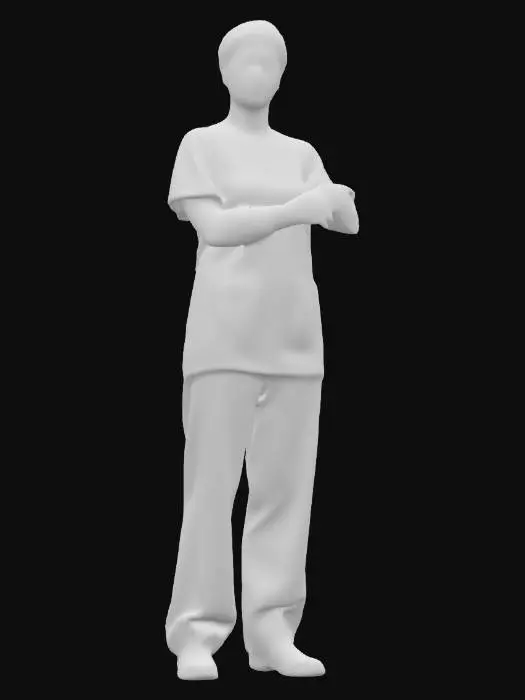 3D model for A tall Woman surgeon in full outfit of clothes, cap, gloves and mask in blue colored clothes, Game Assets, Highly Detailed, Ultra Realistic, Body, A-pose, Full Body, ARMS AWAY FROM THE BODY , detailed