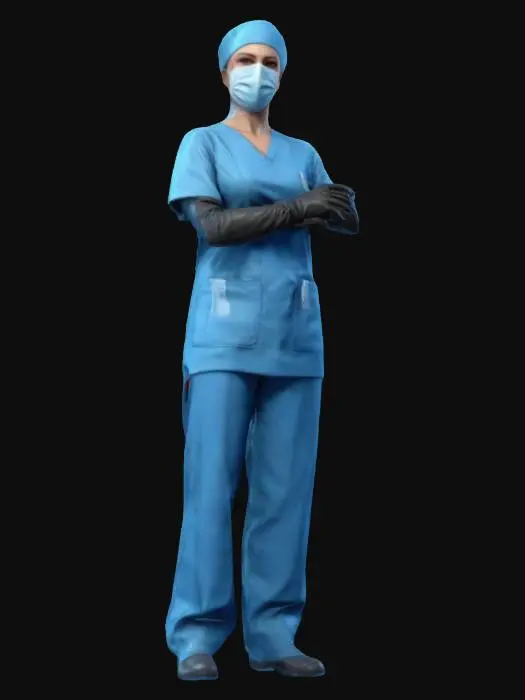3D model for A tall Woman surgeon in full outfit of clothes, cap, gloves and mask in blue colored clothes, Game Assets, Highly Detailed, Ultra Realistic, Body, A-pose, Full Body, ARMS AWAY FROM THE BODY , detailed