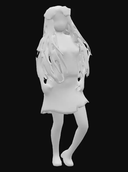 3D model for Full Body Woman Hippie from the 60's Game Character, short  Green-white shirt, short brown-red skirt, long blode hair with a flowers in the hair, simple detailed colorful