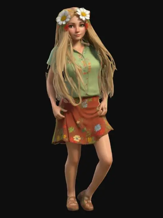 3D model for Full Body Woman Hippie from the 60's Game Character, short  Green-white shirt, short brown-red skirt, long blode hair with a flowers in the hair, simple detailed colorful