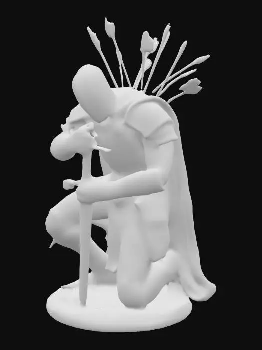 3D model for A statue of a fallen knight, on his knee, holding unto his sword for one last stand, arrows shot in his back, full armour, detailed statue