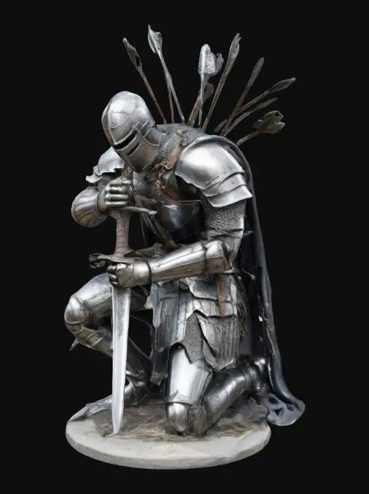 3D model for A statue of a fallen knight, on his knee, holding unto his sword for one last stand, arrows shot in his back, full armour, detailed statue