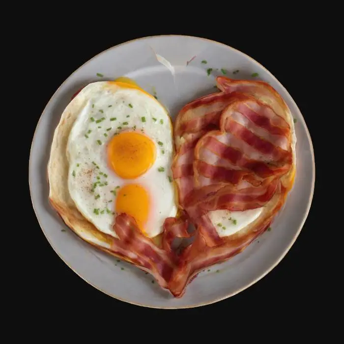3D model for Hearth shaped Bacon and egg breakfast on a plate , #valentine#