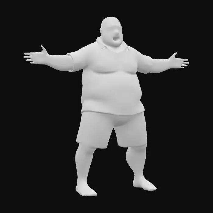 3D model for A obese fat middle age comedian looking in Hawaian shirt and blue shorts, Game Assets, Highly Detailed, Ultra Realistic, Body, A-pose, Full Body, ARMS AWAY FROM THE BODY , detailed