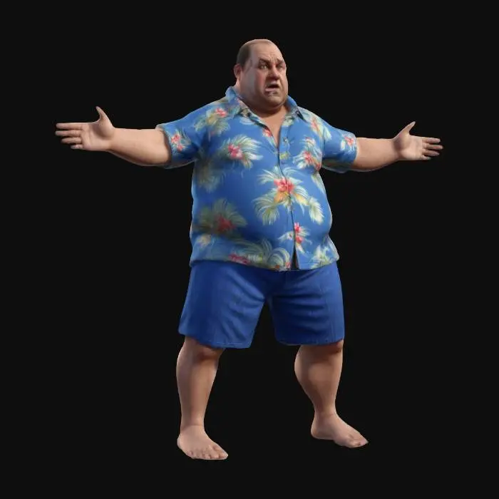 3D model for A obese fat middle age comedian looking in Hawaian shirt and blue shorts, Game Assets, Highly Detailed, Ultra Realistic, Body, A-pose, Full Body, ARMS AWAY FROM THE BODY , detailed