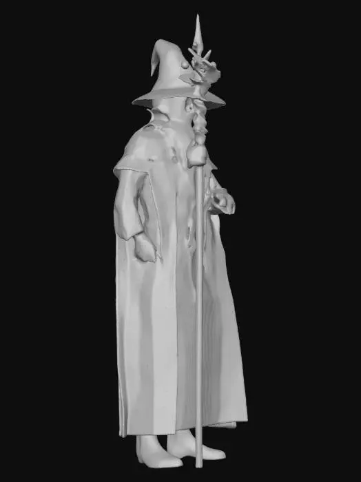 3D model for a very tall, cloaked in navy blue with a very tall hat, wizard holding a staff with stars around him